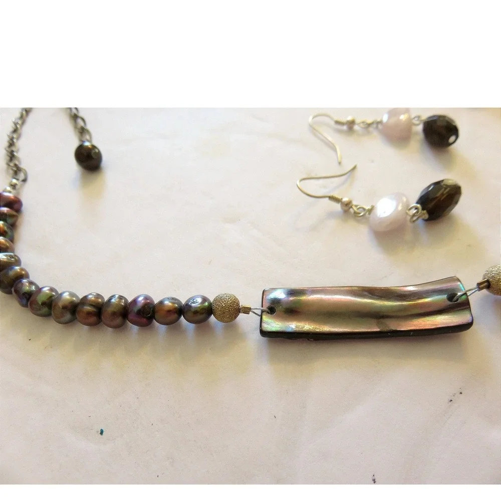 Rose Quartz & Freshwater Pearl Beaded Necklace and Earring Set Pink Brown Silver